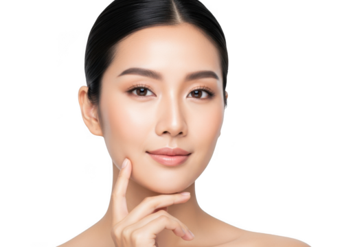 Beautiful young asian woman with perfect skin and gentle touch on her chin, isolated on transparent background