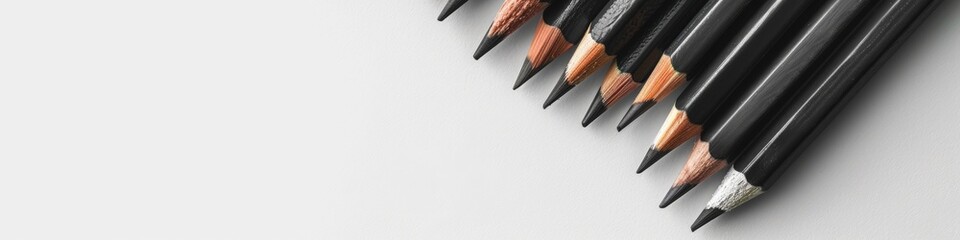 Collection of sharpened graphite pencils arranged in a diagonal line on a white background