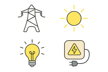 Visual representation of energy sources including electricity, sunlight, and lighting concepts
