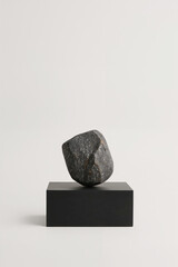 Single dark grey textured rock balanced on a black cube pedestal against a white background