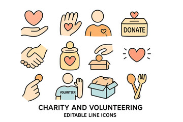 Symbols representing charity and volunteering activities for community support and engagement