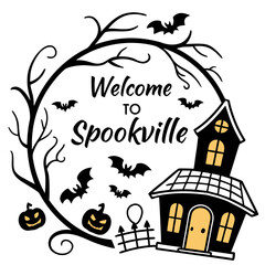 Halloween Welcome to Spookville Sign with Haunted House Pumpkins and Bats Decoration themed