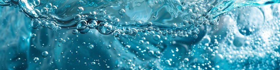 A vibrant splash of fresh blue water with effervescent bubbles and waves