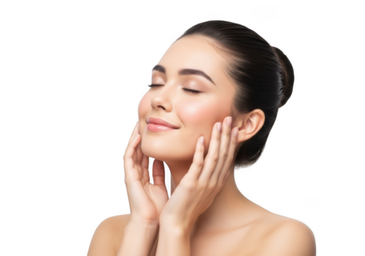 Beautiful young woman with flawless skin touching her face gently, isolated on transparent background