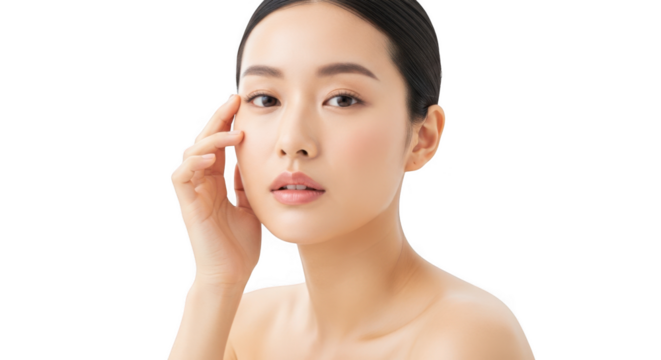 Closeup portrait of a young asian woman with flawless skin, gently touching her cheek, isolated on transparent background