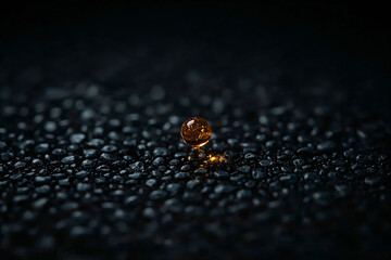 Single Amber Drop on Dark Textured Surface with Soft Light liquid glowing