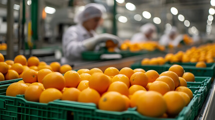 Efficient orange processing plant with workers sorting fresh citrus for distribution