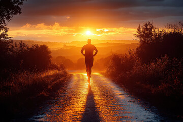 Person running on road at sunset.
