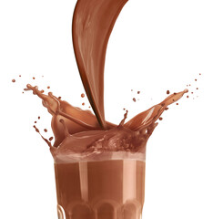 Pouring chocolate milk into glass against white background