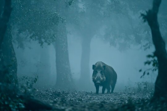 Wild boar roaming through a misty forest in the early morning light at dawn - Powered by Adobe