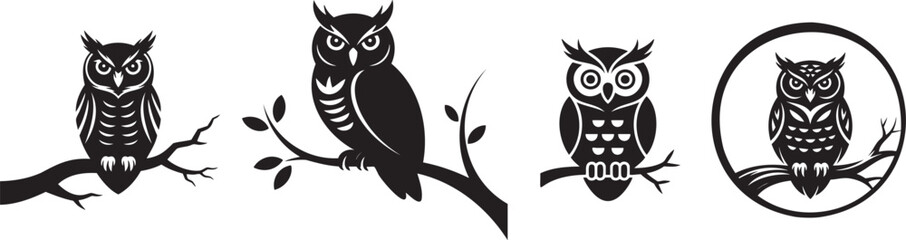 Four Different Style Owls Silhouette Vector Set Perched on Branches Artistic Bird Icons Collection Woodland Creatures Black and White Illustration