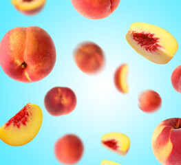 Fresh peaches whirling in air against blue gradient background