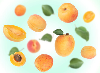Fresh juicy apricots swirling in air against color gradient background