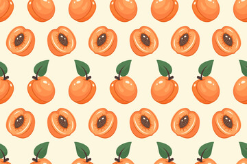 Apricot background. Fruit Seamless pattern. Fresh Apricot half with pit inside and whole fruit with leaf. Repeatable texture with whole juicy vitamin. Vector illustration for print, wallpaper, textile