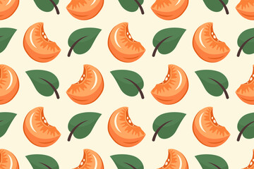 Apricot background. Fruits Seamless pattern. Fresh juicy apricot slices. Piece of sweet fruit.  Repeatable texture with juicy vitamin. Vector illustration for print, wallpaper, textile