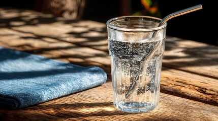 Modern beverage scene with metal straw in transparent glass, suitable for lifestyle, health, or product visuals.