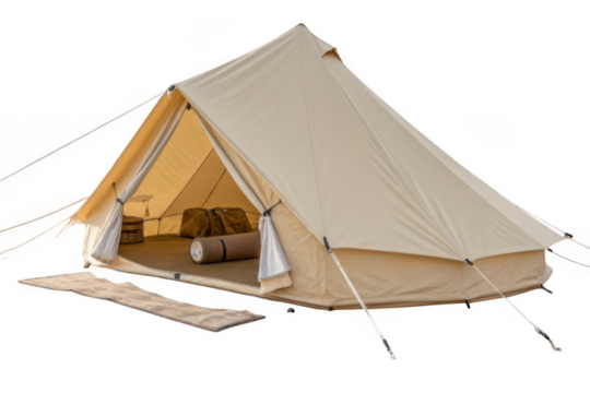 Spacious canvas bell tent for outdoor camping adventures isolated on transparent background