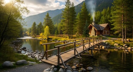 A wooden bridge crosses a calm river leading to a cozy cabin nestled in a forest with mountains in the background under a partly cloudy sky.