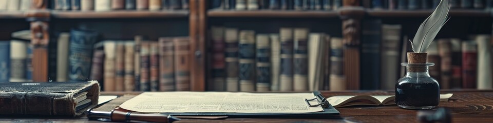 Vintage writer's desk with quill pen, inkwell, and old books in a library setting