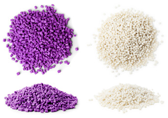 Plastic granules in different colors, top and side view. Piles on white background, set