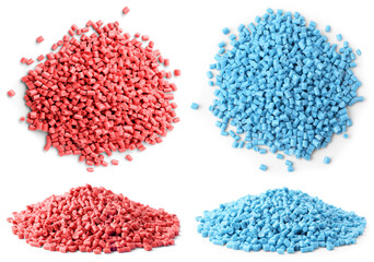 Plastic granules in different colors, top and side view. Piles on white background, set