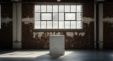 Minimalist interior scene featuring a concrete plinth against a brick wall and a large window, creating a sense of space and simplicity
