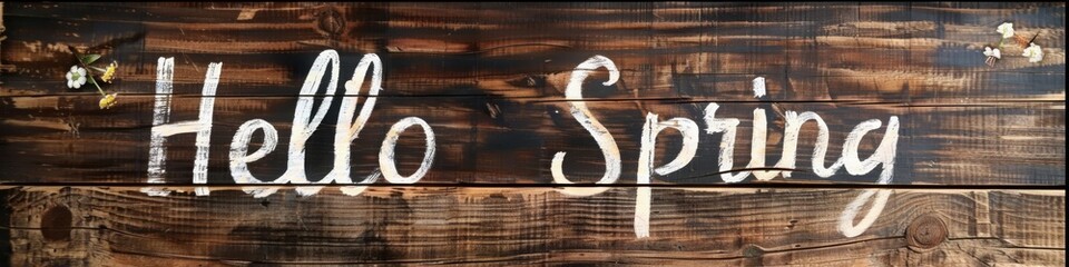 A rustic 'Hello Spring' sign on dark wooden planks to welcome the new season.