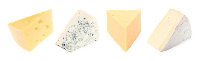 Different kinds of cheese isolated on white, set