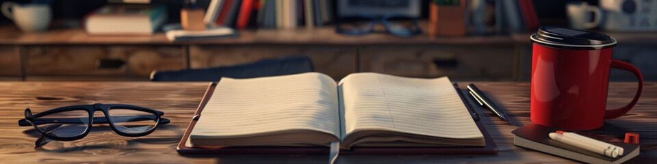 Cozy writer's desk with an open journal, reading glasses, and a red mug