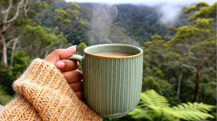 A person holding a steaming cup of coffee 