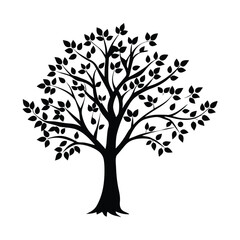 Tree silhouette vector illustration.  Black vector silhouette of a tree with leaves isolated on white background. Vector tree logo. 