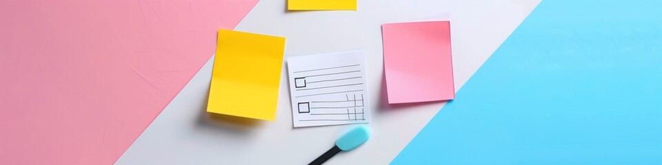 Colorful sticky notes and a checklist for task management and planning on a desk