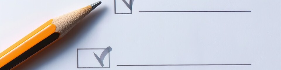 A yellow pencil marking completed tasks on a white checklist or survey document.