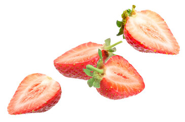 Fresh juicy strawberries in air against white background