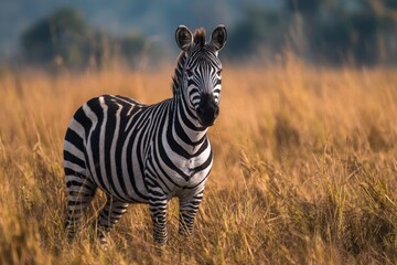 Naklejka premium Majestic zebra grazing in the golden grasslands of Africa during a tranquil afternoon