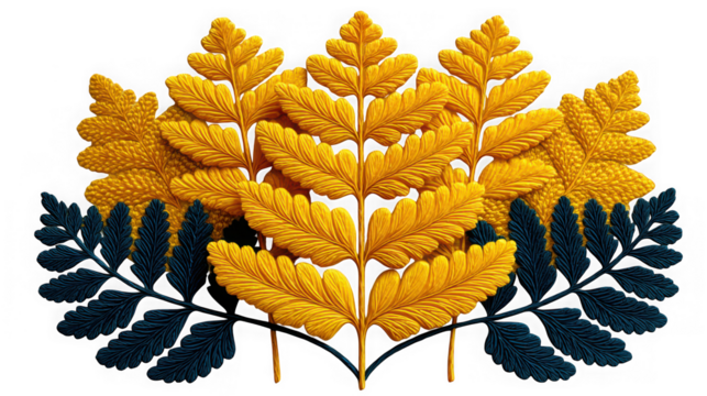 Golden and blue fern leaves create a beautiful decorative pattern perfect for backgrounds and design elements isolated on transparent background