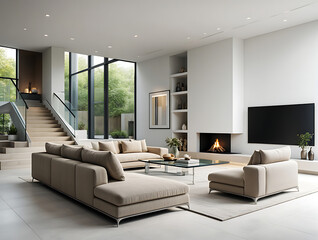 Fototapeta premium Modern luxury living room interior with fireplace, large windows, and stylish furniture, creating a comfortable space