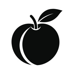 Black silhouette of a peach fruit with a leaf isolated on white background.