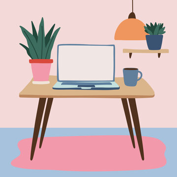 Laptop With Blank Screen on Wooden Table in Colourful Cozy Home Office