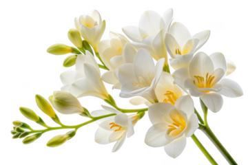 Delicate white freesia flowers with green buds isolated on transparent background