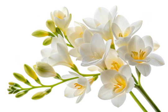 Delicate white freesia flowers with green buds isolated on transparent background