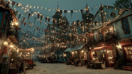 A marketplace decorated with ribbons, flags, and glowing string lights.