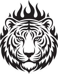 Striking Tiger Head Illustration with Tribal Flames Design Element Vector Graphic Black and White Image