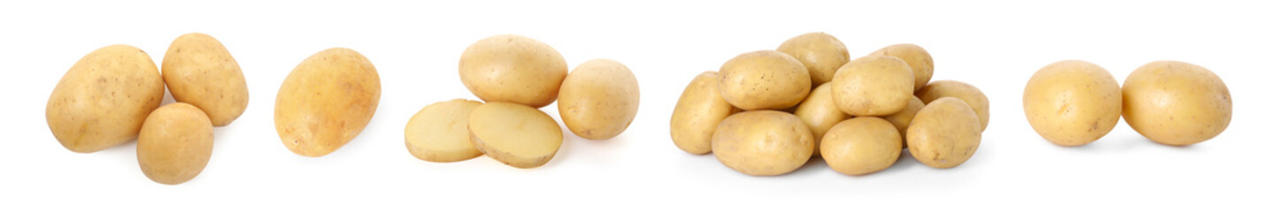 Fresh raw potatoes isolated on white, set