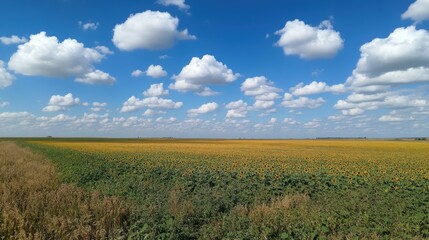 Fototapeta premium Vast expanse of sunflowers under a partly cloudy sky.
