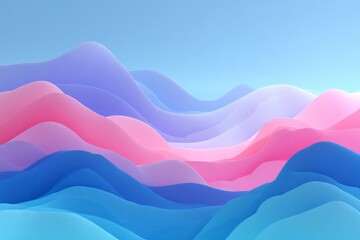 Fototapeta premium Colorful wavy landscape with flowing shapes and gradients in pastel hues against a clear blue sky