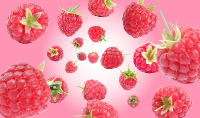 Fresh raspberries swirling in air against pink gradient background