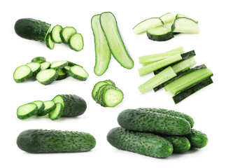 Fresh cucumbers isolated on white, set. Whole and sliced