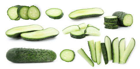 Fresh cucumbers isolated on white, set. Whole and sliced