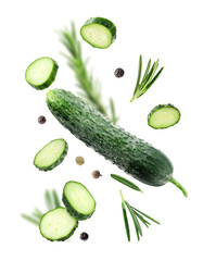 Fresh cucumbers, rosemary and peppercorns falling against white background
